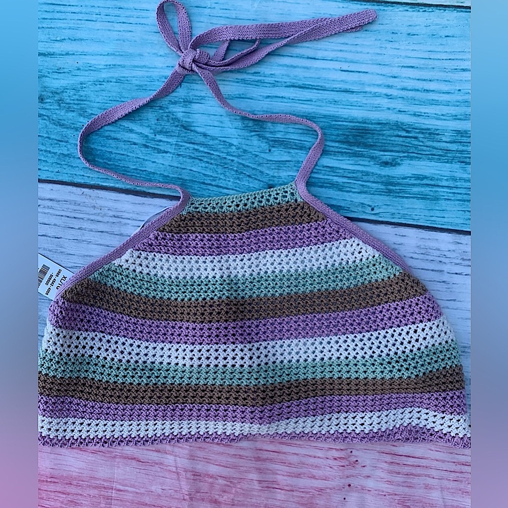 STREETWEAR SOCIETY aqua,brown,purple,white stripe halter tie up crochet crop top